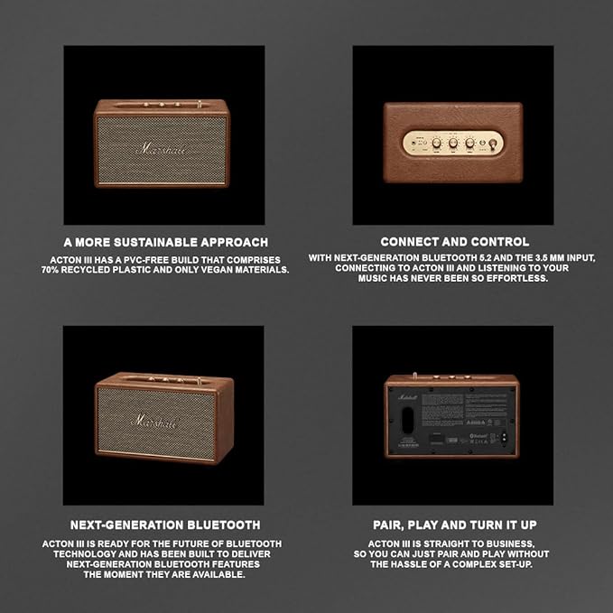 Marshall Acton III Bluetooth Home Speaker, 60W Wireless Stereo Sound, Compact Tabletop Speaker with RCA & 3.5mm Input – Premium Brown