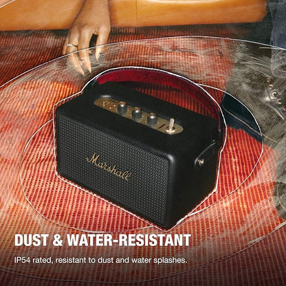Marshall Kilburn III Portable Bluetooth Speaker – Black & Brass 360° Immersive Sound, 50+ Hours Playtime, Dust & Water Resistant (IP54)