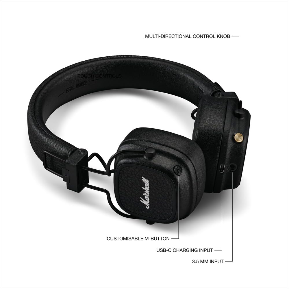 Marshall Major V Wireless On-Ear Bluetooth Headphones Black – 100+ Hours Playtime