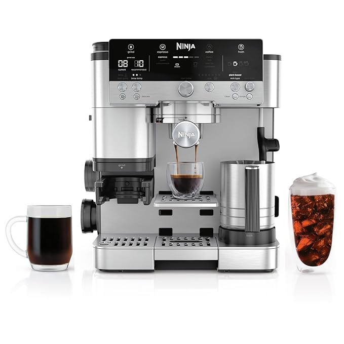 Ninja Luxe Premier ES601EU 3-in-1 Coffee Maker with Grinder and Frother for Latte, Cappuccino, Cold Brew & Espresso, Easy to Use, 4 Presets for Frothing, Silverands-Free Frother for Cappuccinos & Lattes  Assisted Handling