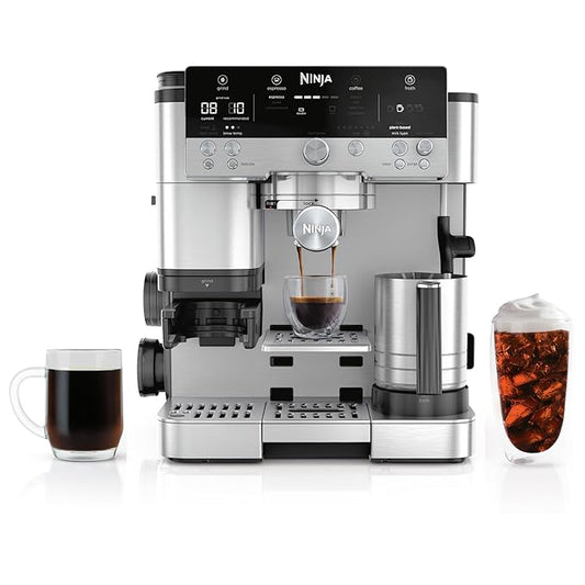 Ninja Luxe Premier ES601EU 3-in-1 Coffee Maker with Grinder and Frother for Latte, Cappuccino, Cold Brew & Espresso, Easy to Use, 4 Presets for Frothing, Silverands-Free Frother for Cappuccinos & Lattes  Assisted Handling