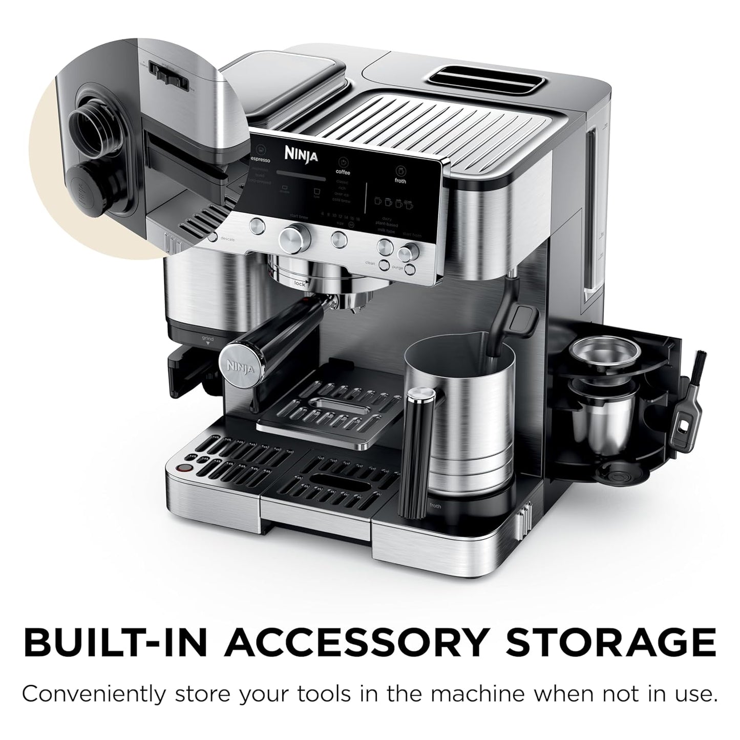 Ninja Luxe Premier ES601EU 3-in-1 Coffee Maker with Grinder and Frother for Latte, Cappuccino, Cold Brew & Espresso, Easy to Use, 4 Presets for Frothing, Silverands-Free Frother for Cappuccinos & Lattes  Assisted Handling