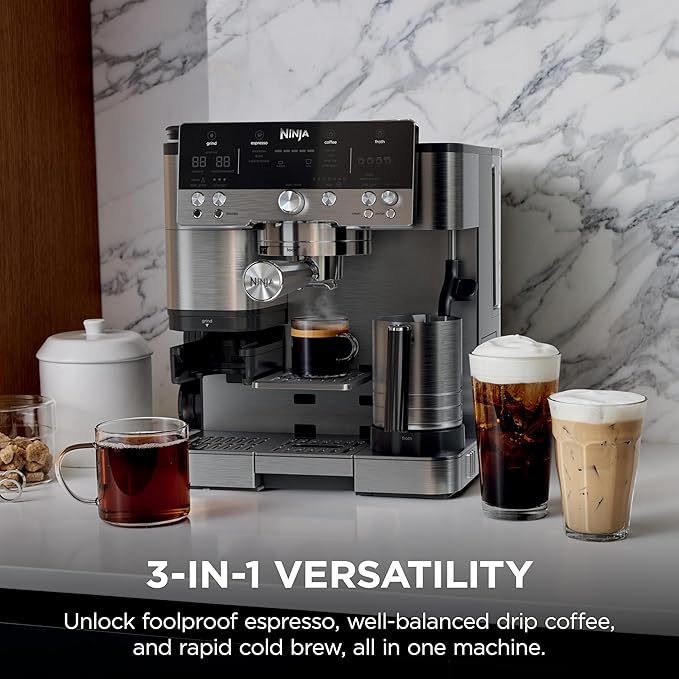Ninja Luxe Premier ES601EU 3-in-1 Coffee Maker with Grinder and Frother for Latte, Cappuccino, Cold Brew & Espresso, Easy to Use, 4 Presets for Frothing, Silverands-Free Frother for Cappuccinos & Lattes  Assisted Handling