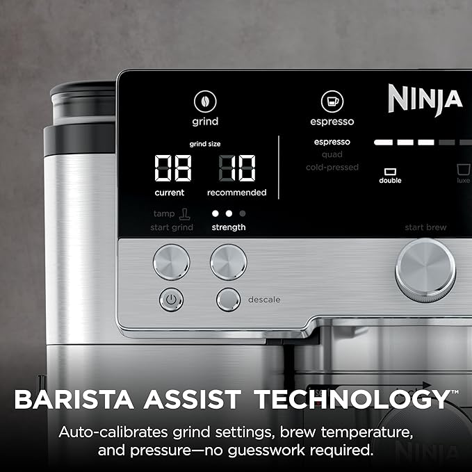 Ninja Luxe Premier ES601EU 3-in-1 Coffee Maker with Grinder and Frother for Latte, Cappuccino, Cold Brew & Espresso, Easy to Use, 4 Presets for Frothing, Silverands-Free Frother for Cappuccinos & Lattes  Assisted Handling