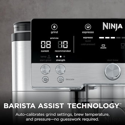 Ninja Luxe Premier ES601EU 3-in-1 Coffee Maker with Grinder and Frother for Latte, Cappuccino, Cold Brew & Espresso, Easy to Use, 4 Presets for Frothing, Silverands-Free Frother for Cappuccinos & Lattes  Assisted Handling