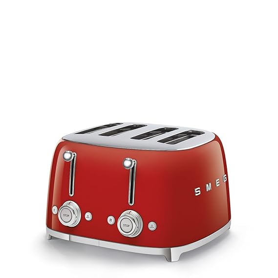 Smeg 4 Slot Toaster TSF03RDEU – Patented Red Finish, 6 Browning Levels, Defrost & Bagel Functions | 2000W Wide Slot Toaster
