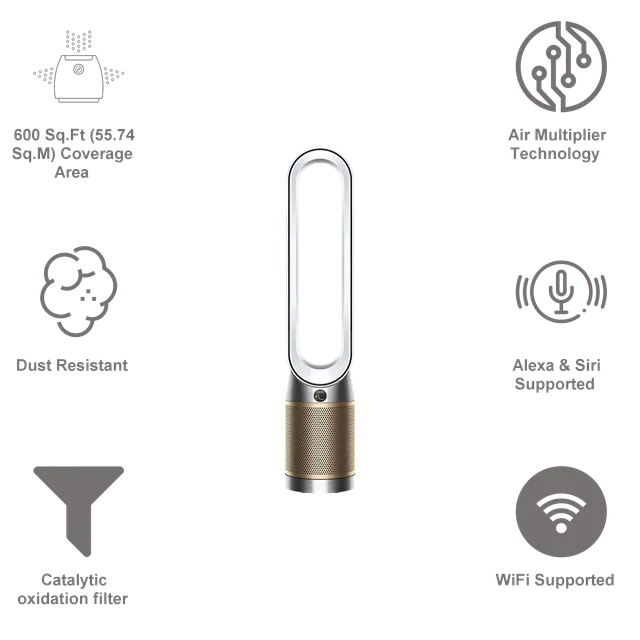 Dyson TP09 Air Purifier with Formaldehyde Filter – HEPA H13, Bladeless Fan & Air Multiplier Technology (White/Gold)
