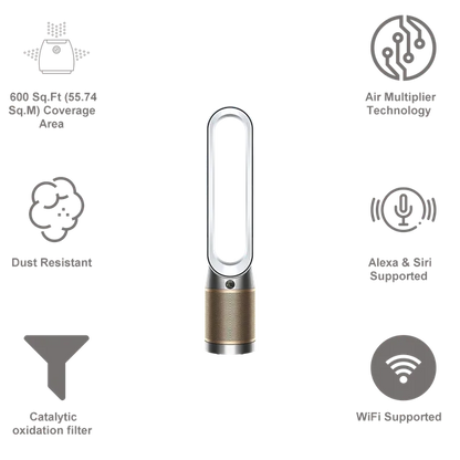 Dyson TP09 Air Purifier with Formaldehyde Filter – HEPA H13, Bladeless Fan & Air Multiplier Technology (White/Gold)