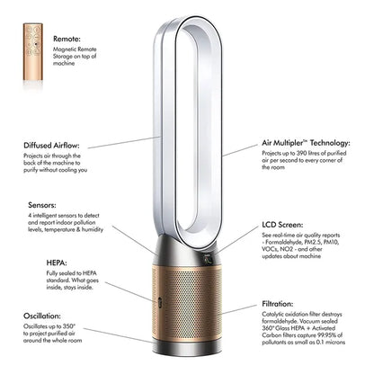 Dyson TP09 Air Purifier with Formaldehyde Filter – HEPA H13, Bladeless Fan & Air Multiplier Technology (White/Gold)